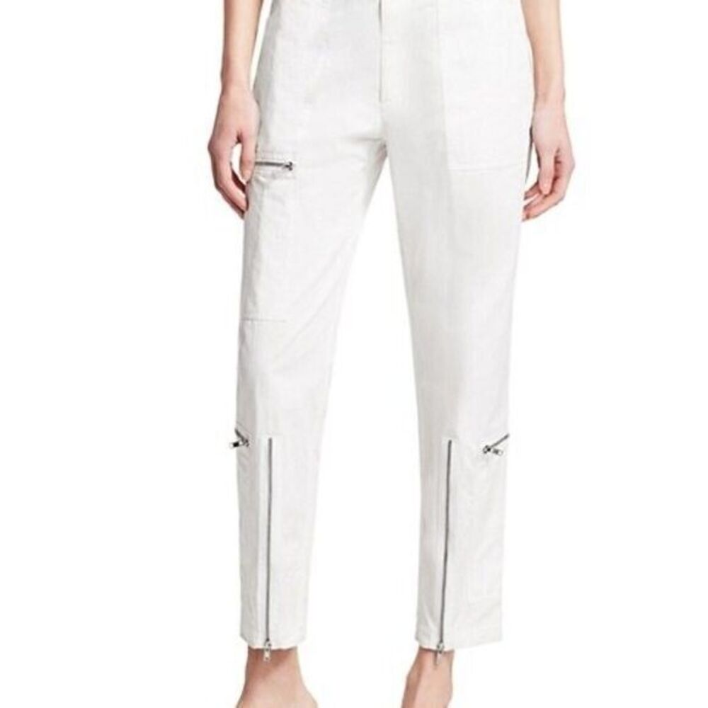 HELMUT LANG Womens Pants Size 10 White Tapered Crop Belted Zippers FLIGHT $540 - Picture 2 of 12